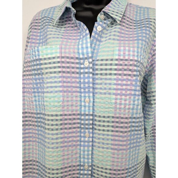 L.L. Bean Check Plaid Women Button Up Shirt L Vacation Seersucker Coastal Retro - Picture 5 of 12